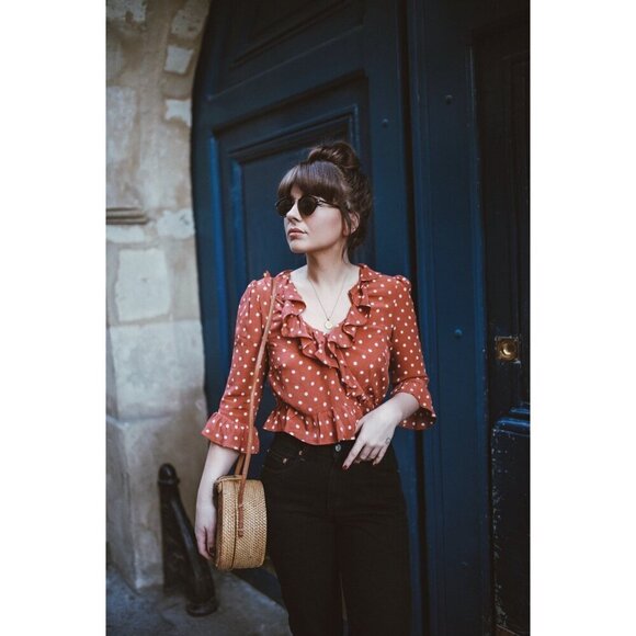 💕REALISATION PAR💕 Cher Top ~ 100% Silk Rust Spot Polka Dot Print Small - Picture 7 of 16